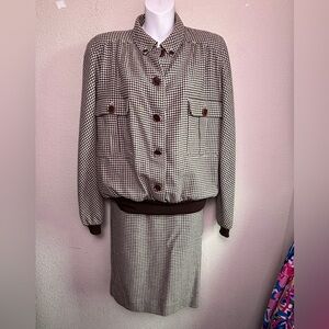Vintage Valentino Brown Cream Houndstooth Skirt & Bomber Sweater Set 46 M L